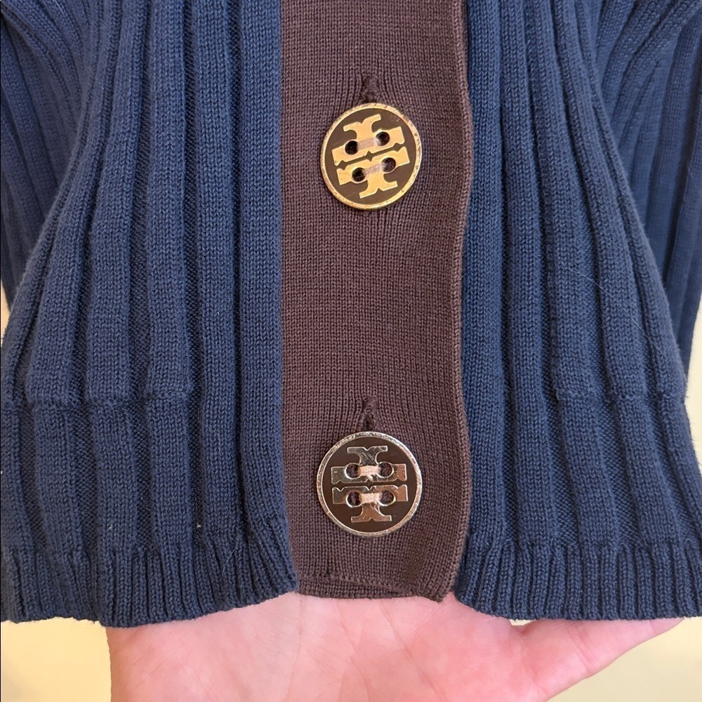 Tory Burch Simone Navy Brown Ribbed 100% Cotton V Neck Button Knit Cardigan S - Picture 8 of 13